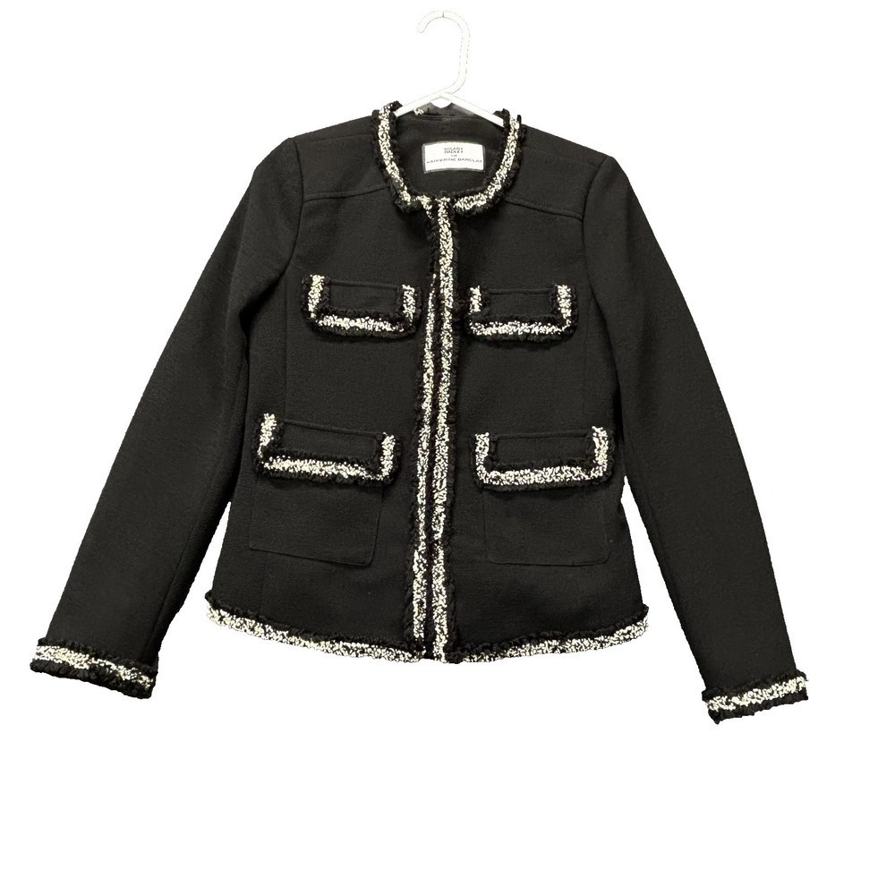 Hilary Radley For Katherine Barclay Blazer Womens Small Black Fringe Tweed Trim‎